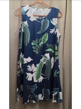Navy Tropical Leaf Sleeveless Shift Dress